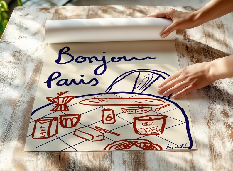 This hand-drawn digital illustration captures a classic Parisian breakfast with baguette, coffee, croissant, butter, and petits biscuits, inspired by slow mornings in France.