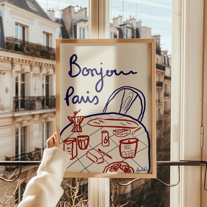 This hand-drawn digital illustration captures a classic Parisian breakfast with baguette, coffee, croissant, butter, and petits biscuits, inspired by slow mornings in France.