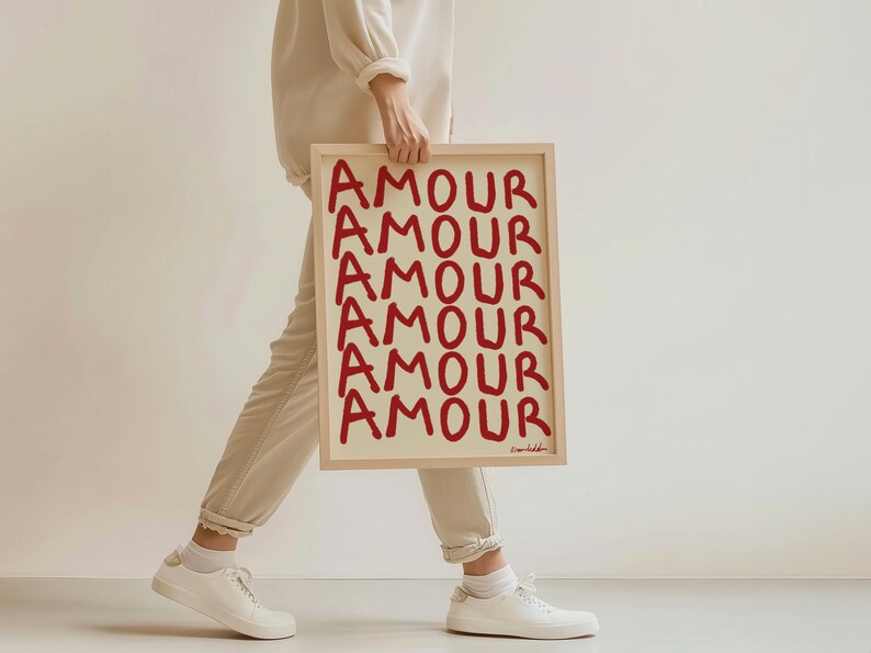 Amour Love Print, Red Typography Wall Art, French Romantic Poster, Minimalist Modern Decor, French Aesthetic, Love Letter