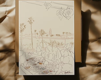 Lunch At Marrakesh Print, Moroccan Street Art, Maghreb Illustration