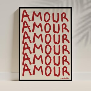 Amour Love Print, Red Typography Wall Art, French Romantic Poster, Minimalist Modern Decor, French Aesthetic, Love Letter