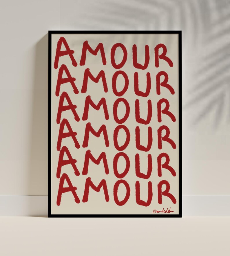 Amour Love Print, Red Typography Wall Art, French Romantic Poster, Minimalist Modern Decor, French Aesthetic, Love Letter
