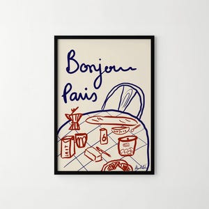 This hand-drawn digital illustration captures a classic Parisian breakfast with baguette, coffee, croissant, butter, and petits biscuits, inspired by slow mornings in France.