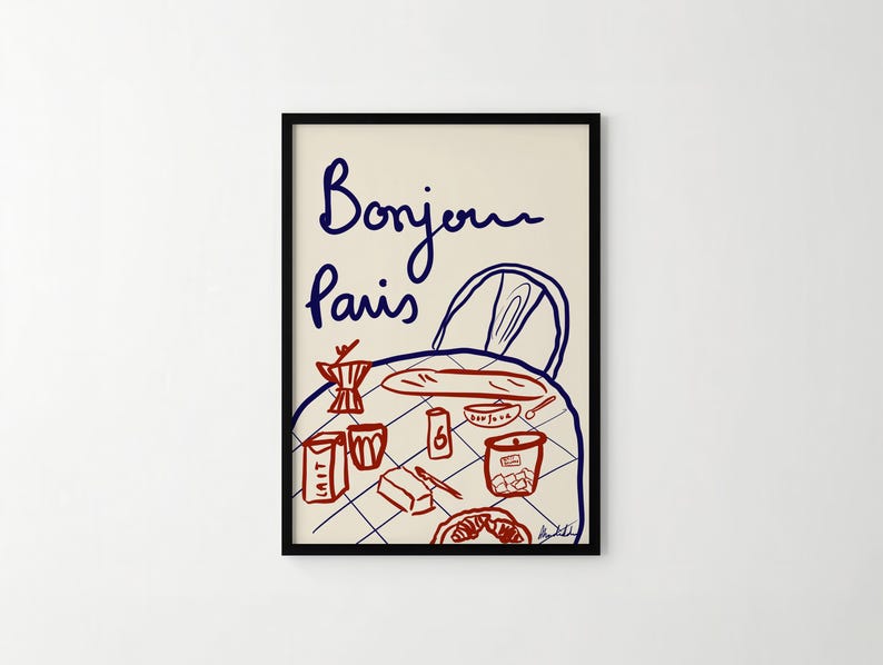 This hand-drawn digital illustration captures a classic Parisian breakfast with baguette, coffee, croissant, butter, and petits biscuits, inspired by slow mornings in France.