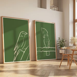 2x set di stampe artistiche minimaliste di pappagalli e cacatua I Estetica verde I Moderna natura ispirata I Decorazione da parete Uccelli I Stampa di uccelli australiani