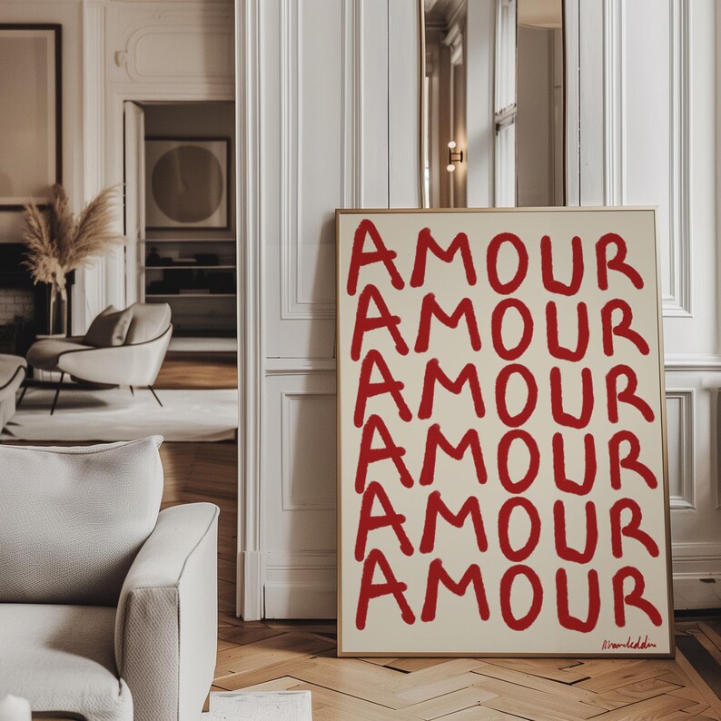 Amour Love Print, Red Typography Wall Art, French Romantic Poster, Minimalist Modern Decor, French Aesthetic, Love Letter