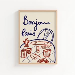 This hand-drawn digital illustration captures a classic Parisian breakfast with baguette, coffee, croissant, butter, and petits biscuits, inspired by slow mornings in France.