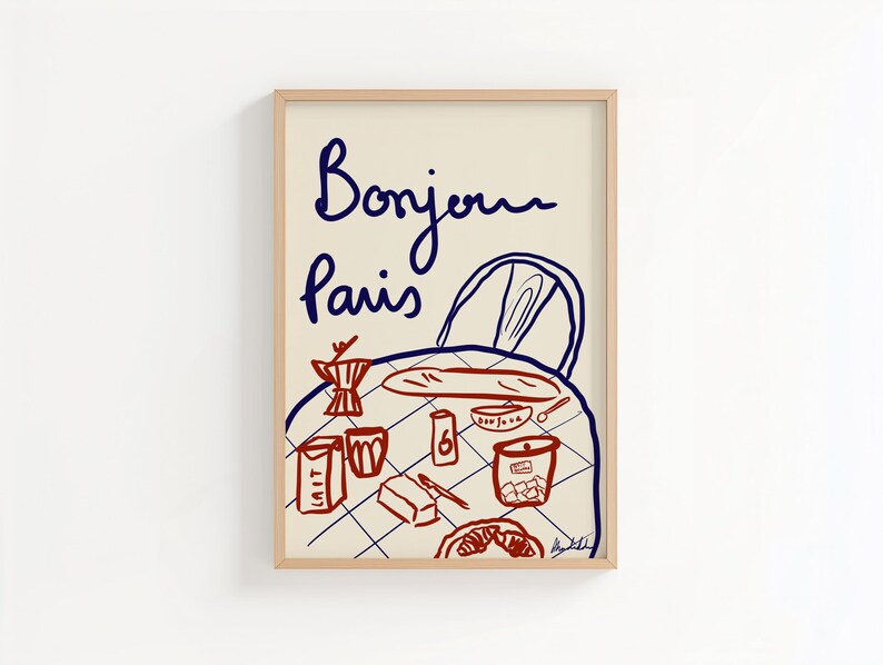 This hand-drawn digital illustration captures a classic Parisian breakfast with baguette, coffee, croissant, butter, and petits biscuits, inspired by slow mornings in France.