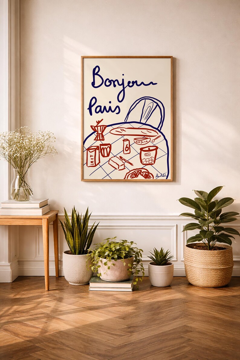 This hand-drawn digital illustration captures a classic Parisian breakfast with baguette, coffee, croissant, butter, and petits biscuits, inspired by slow mornings in France.