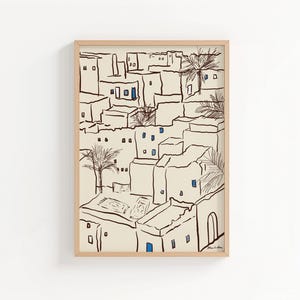 Minimal art print depicting a Tunisian village with traditional Mediterranean architecture in soft neutral tones