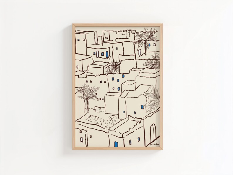Minimal art print depicting a Tunisian village with traditional Mediterranean architecture in soft neutral tones