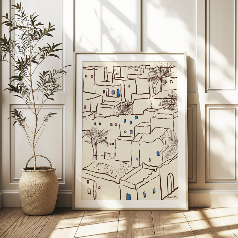Minimal art print depicting a Tunisian village with traditional Mediterranean architecture in soft neutral tones