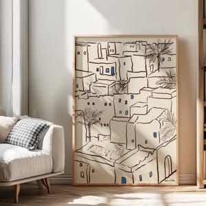 Minimal art print depicting a Tunisian village with traditional Mediterranean architecture in soft neutral tones