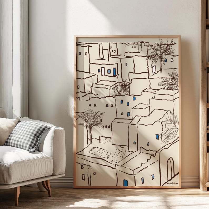 Minimal art print depicting a Tunisian village with traditional Mediterranean architecture in soft neutral tones