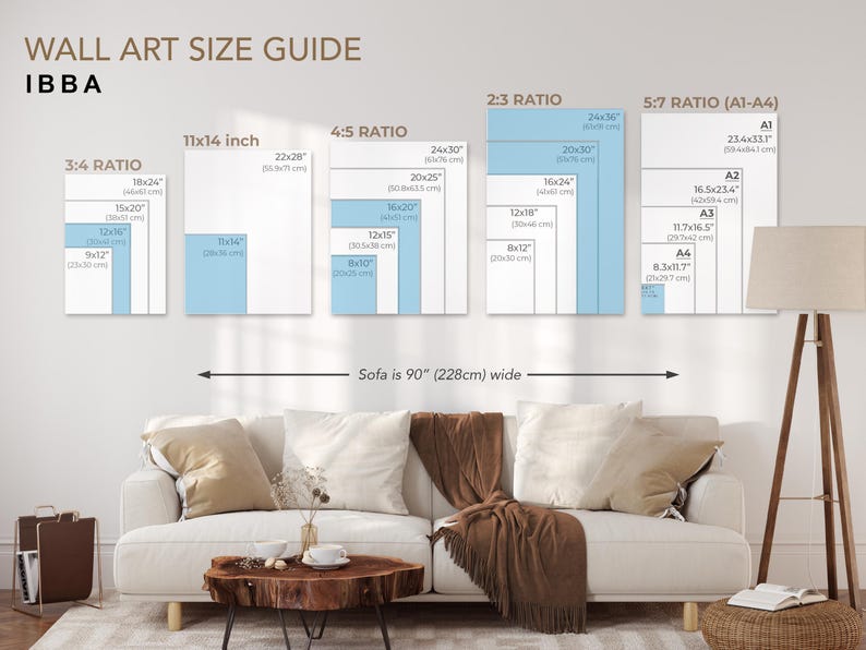 Pu&ograve; includere: Una guida alle dimensioni delle opere d'arte con vari rapporti e dimensioni, tra cui 28x35 cm, 51x76 cm e formati A1-A4. La guida &egrave; visualizzata sopra un divano bianco, con una coperta marrone e un tavolino di legno.