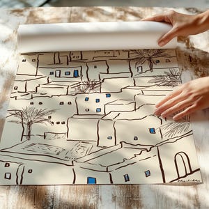 Minimal art print depicting a Tunisian village with traditional Mediterranean architecture in soft neutral tones