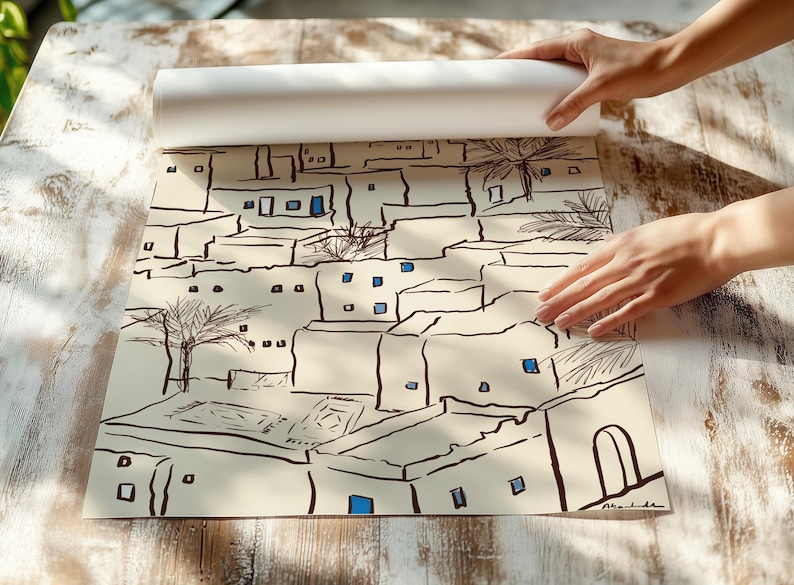 Minimal art print depicting a Tunisian village with traditional Mediterranean architecture in soft neutral tones