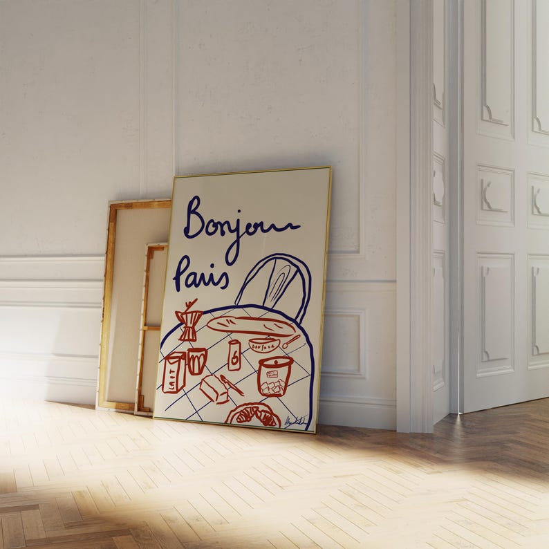 This hand-drawn digital illustration captures a classic Parisian breakfast with baguette, coffee, croissant, butter, and petits biscuits, inspired by slow mornings in France.