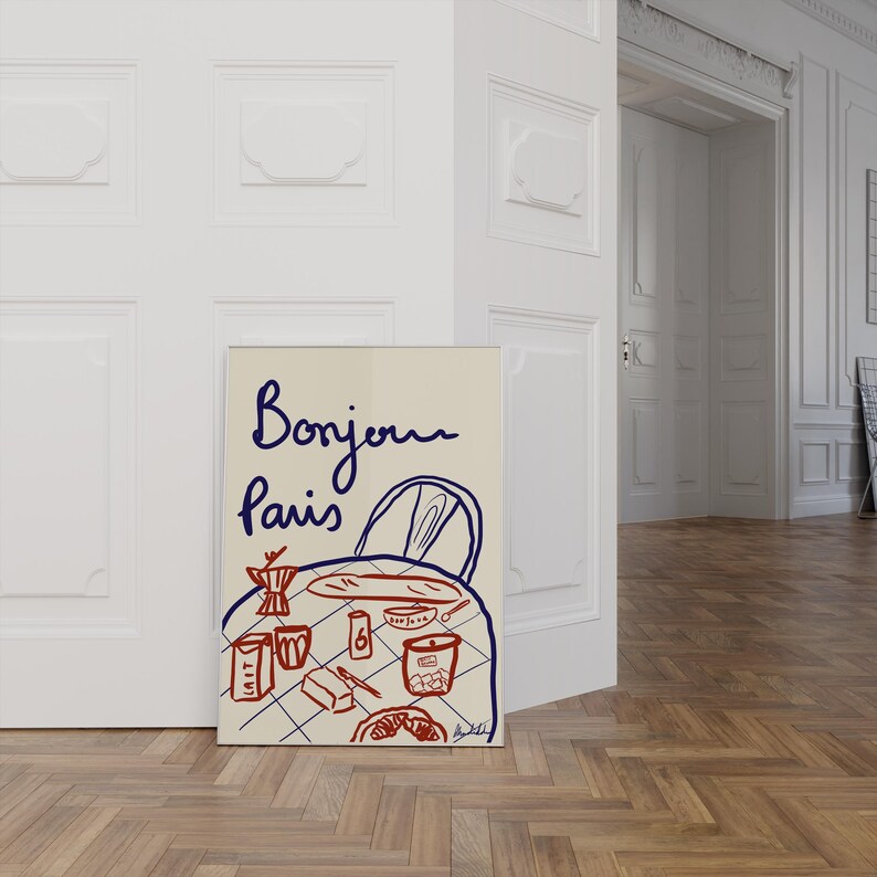 This hand-drawn digital illustration captures a classic Parisian breakfast with baguette, coffee, croissant, butter, and petits biscuits, inspired by slow mornings in France.
