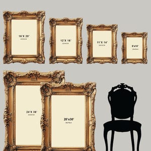 May include: Image showcasing a size reference guide for ornate gold picture frames. The frames vary in size, with dimensions including 16"x20", 12"x16", 11"x14", 8"x10", 24"x36", and 20"x30". A black silhouette of a chair is also present. The text "SIZE REFERENCE" and "IBBA PRINT" are displayed.