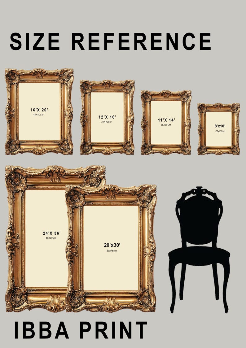 May include: Image showcasing a size reference guide for ornate gold picture frames. The frames vary in size, with dimensions including 16"x20", 12"x16", 11"x14", 8"x10", 24"x36", and 20"x30". A black silhouette of a chair is also present. The text "SIZE REFERENCE" and "IBBA PRINT" are displayed.