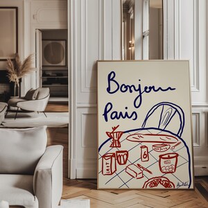 This hand-drawn digital illustration captures a classic Parisian breakfast with baguette, coffee, croissant, butter, and petits biscuits, inspired by slow mornings in France.