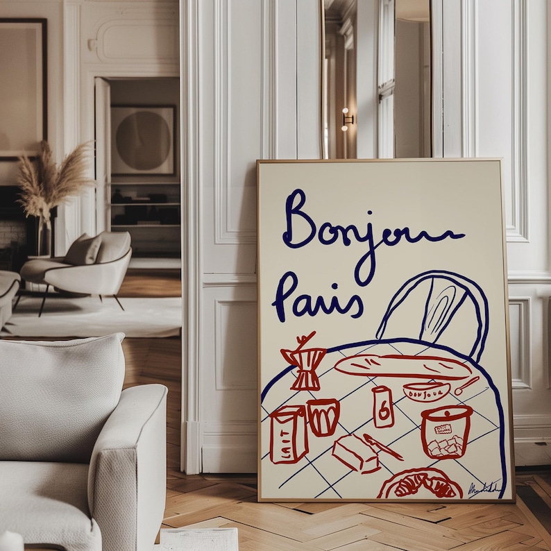 This hand-drawn digital illustration captures a classic Parisian breakfast with baguette, coffee, croissant, butter, and petits biscuits, inspired by slow mornings in France.