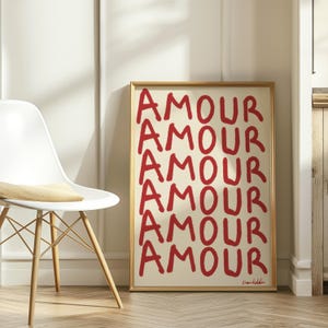 Amour Love Print, Red Typography Wall Art, French Romantic Poster, Minimalist Modern Decor, French Aesthetic, Love Letter