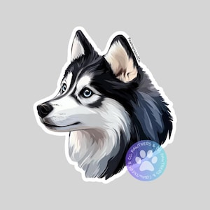 May include: A digital illustration of a black and white husky dog with blue eyes. The dog is looking to the left and has a white patch on its chest. The image is surrounded by a white border.