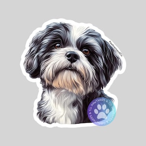 May include: A black and white Shih Tzu dog with a cute expression. The dog is looking up and to the right. The image is a sticker with the text "PawtnersandCo." on the right side.