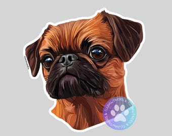Peut inclure: Gros plan sur un griffon bruxellois brun et noir avec une expression sérieuse. Le chien a un poil court et lisse et de grands yeux noirs.