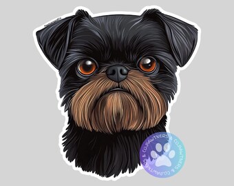 Peut inclure: Un chien Griffon Bruxellois noir et brun avec une expression sérieuse. La fourrure du chien est courte et duveteuse, et ses yeux sont bruns. Le nez du chien est noir, et sa bouche est fermée. Les oreilles du chien sont tombantes et pointues.