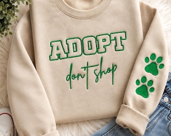 Adopt Don’t Shop Oversized Sweatshirt | Dog Lover Shirt | Animal Rescue Gift | Cute Paw Graphic Embroidery | Pet Adoption Awareness