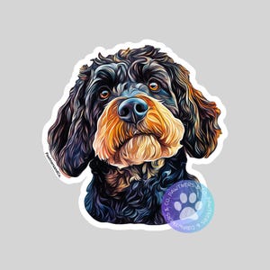 May include: A colorful, stylized illustration of a black and brown dog with curly fur. The dog is looking up with a curious expression. The illustration is surrounded by a white border.