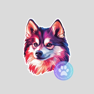 May include: A colorful sticker featuring a stylized dog's head. The dog has a fluffy coat with shades of red, purple, and white. The sticker includes a circular logo with a paw print and the text "& CO.PAWTNERS".
