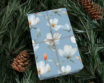 White Flowers on Sky Blue | High Quality Wrapping Paper | Eco-friendly | Matte Finish | Gift Wrap | Multiple Sizes