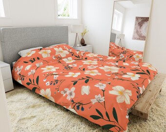 Orange Floral Pattern Duvet Cover | Polyester Microfiber | Cover Only | One Sided Print | Twin XL, Queen, King Size