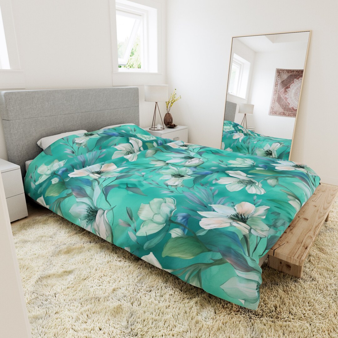 Pressed Flowers on Blue Green Duvet Cover Polyester Etsy