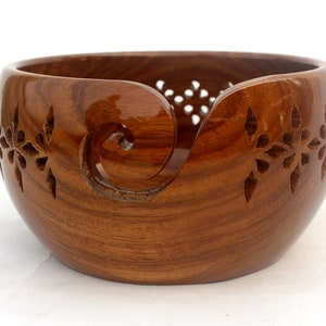 Rosewood Wooden Yarn Storage Bowl with Carved Holes & Drills | Knitting Crochet Accessories
