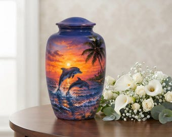 Peut inclure: Une urne funéraire cylindrique en métal ornée d'une scène de coucher de soleil vibrante avec deux dauphins sautant hors des vagues, la silhouette d'un palmier et un couvercle assorti. L'illustration présente des dégradés orange, jaune et bleu.