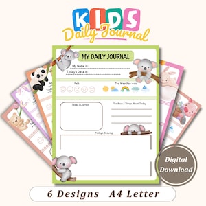 May include: A colorful kids' daily journal with a green border, featuring koala illustrations and fill-in sections for feelings, weather, and daily reflections. The journal includes the text "KIDS Daily Journal" and "MY DAILY JOURNAL". The image also includes the text "6 Designs A4 Letter".