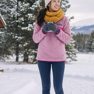 May include: A woman in a snowy landscape wears a pink fleece pullover with a navy blue trim, navy leggings, and brown hiking boots. She is wearing a mustard yellow scarf, a cream-colored beanie, and gray gloves. She holds a white mug.