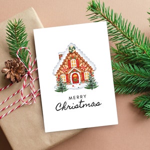 Cartolina di Natale con casa di pan di zenzero e albero di Natale - Download digitale - Bella carta stampabile Merry & Bright