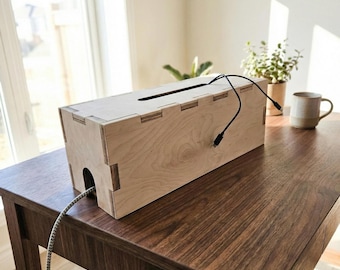 Wood Cord Organizer Box, Premium Maple Cable Management Solution for Clean Desk