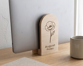 Personalized Birth Flower Laptop Stand | Wooden Desk Organizer