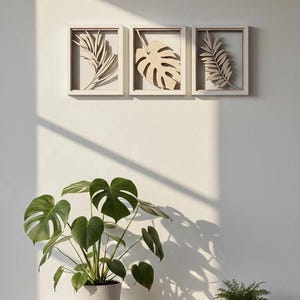 Framed Leaf Art Set of 3, Wood Cutout Wall Art in White Frames