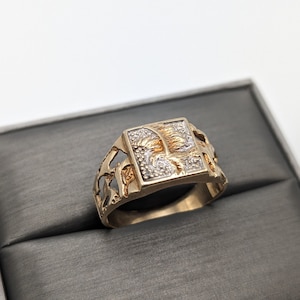 10k Yellow and White Gold Eagle Mens Statement Wedding. Eagle Signet Ring.