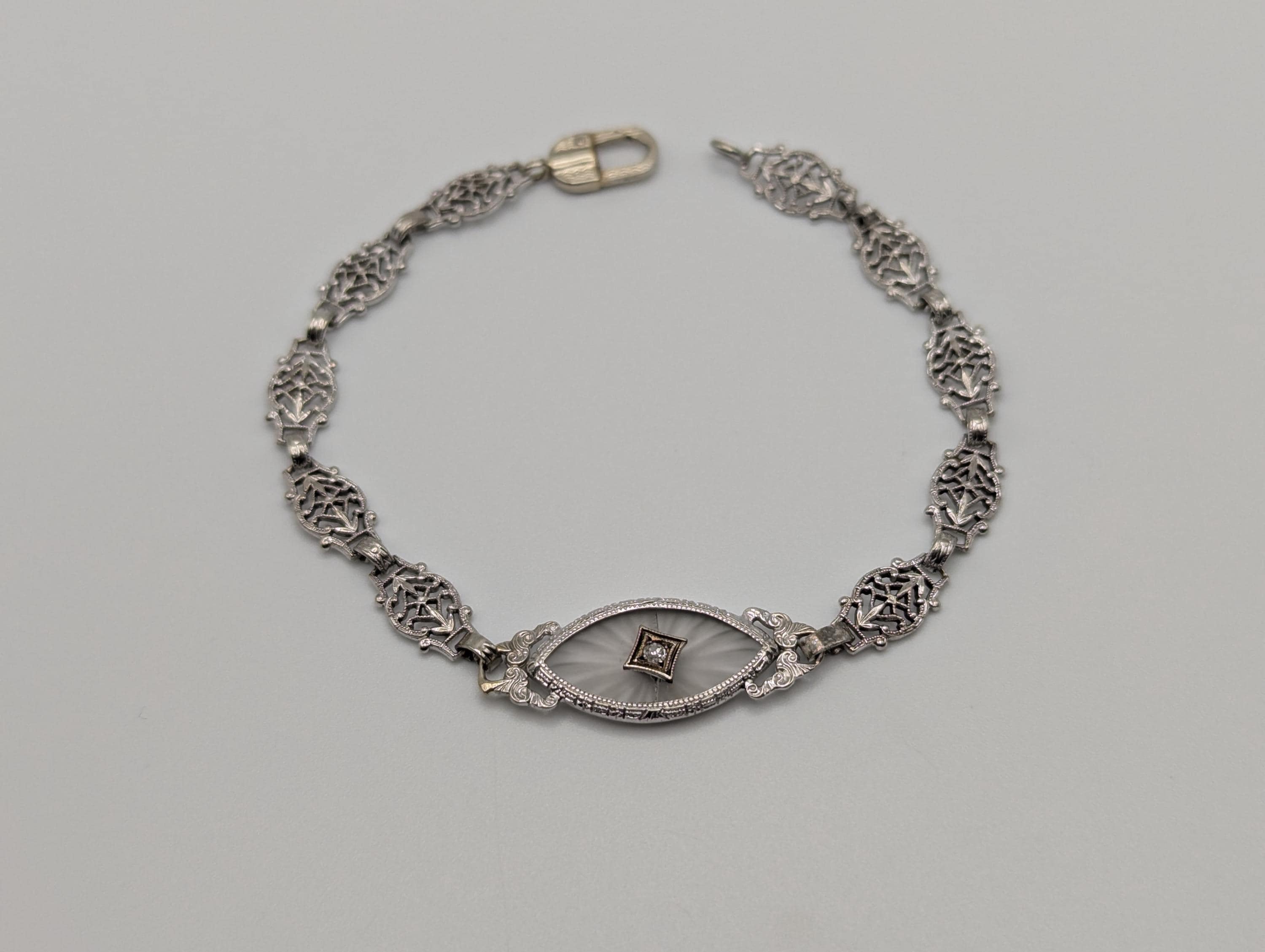 Art Deco 14k White Gold Camphor Diamond Bracelet 6