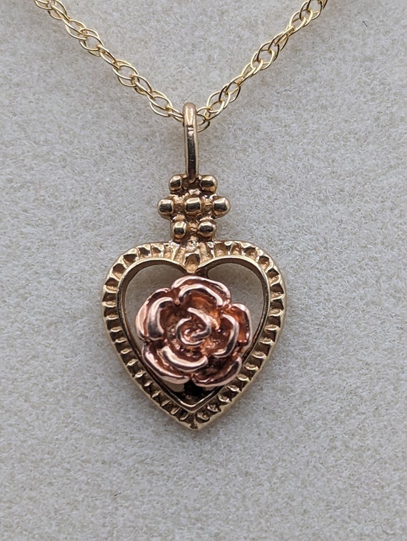 10k Yellow Gold Rose Heart Pendant. 10k Rose Heart