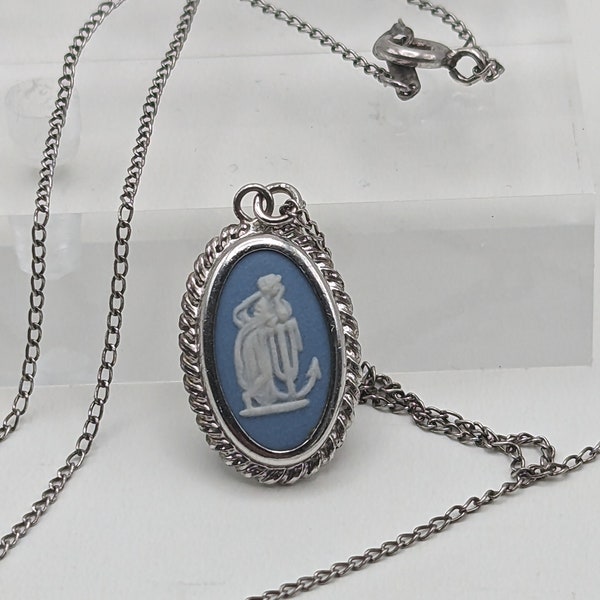 England Wedgwood Blue Cameo Angle Silver Pendant. Vintage Victorian Silver Jasper ware Wedgwood Pendant + Complimentary Silver Necklace